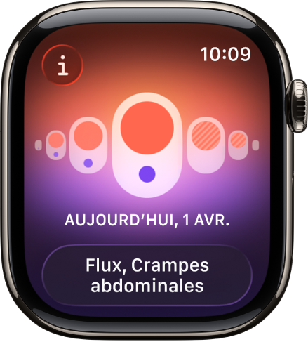 Écran dans l’app Suivi de cycle montrant des règles enregistrées avec des symptômes consignés en bas de l’écran.