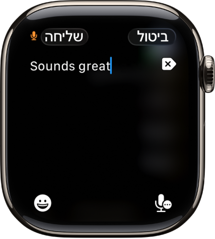 מסך שדה הטקסט מציג הודעה שנוצרה באמצעות הכתבה קולית. הכפתורים אמוג׳י ו״הכתבה קולית״ נמצאים בחלק התחתון של המסך.