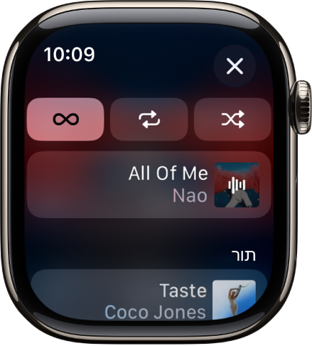 חלון עם אפשרויות ההשמעה ״סדר אקראי״, ״חזרה״ ו״השמעה אוטומטית״ בחלק העליון, ורצועת השמעה מתחת. בתחתית החלון, רצועה נוספת תחת ״הבא בתור״. משמאל למעלה נמצא הכפתור ״סגירה״.