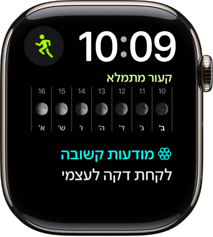 עיצוב השעון ״מודולרי מקסימלי״ מציג שעון דיגיטלי מימין למעלה ושלוש תצוגות: ״אימון״ מימין למעלה, ״מופע הירח״ באמצע ו״מודעות קשובה״ למטה.