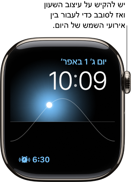 עיצוב השעון ״גרף סולארי״, מציג את היום, התאריך והשעה הנוכחית, שאינם ניתנים לשינוי. תצוגת ״ספירה לאחור״ מופיעה משמאל למטה. הקשה על עיצוב השעון וסיבוב ה‑Digital Crown יזיזו את השמש בשמיים למצב בין ערביים, שחר, צהרי היום, שקיעה וחשכה.