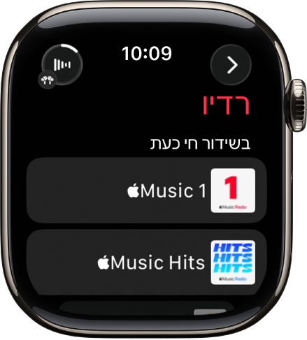 המסך של ״רדיו״ עם שלוש תחנות של Apple Music. הכפתור ״מתנגן כעת״ נמצא למעלה מימין. הכפתור ״לאחור״ נמצא מימין למעלה.