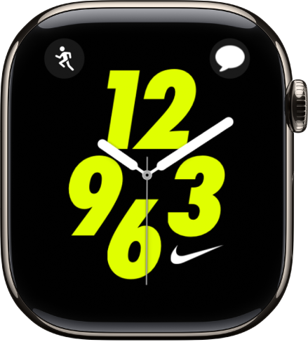 עיצוב השעון ״Nike אנלוגי״ עם התצוגה ״אימון״ למעלה מימין והתצוגה ״הודעות״ משמאל למעלה. במרכז רואים עיצוב שעון אנלוגי.