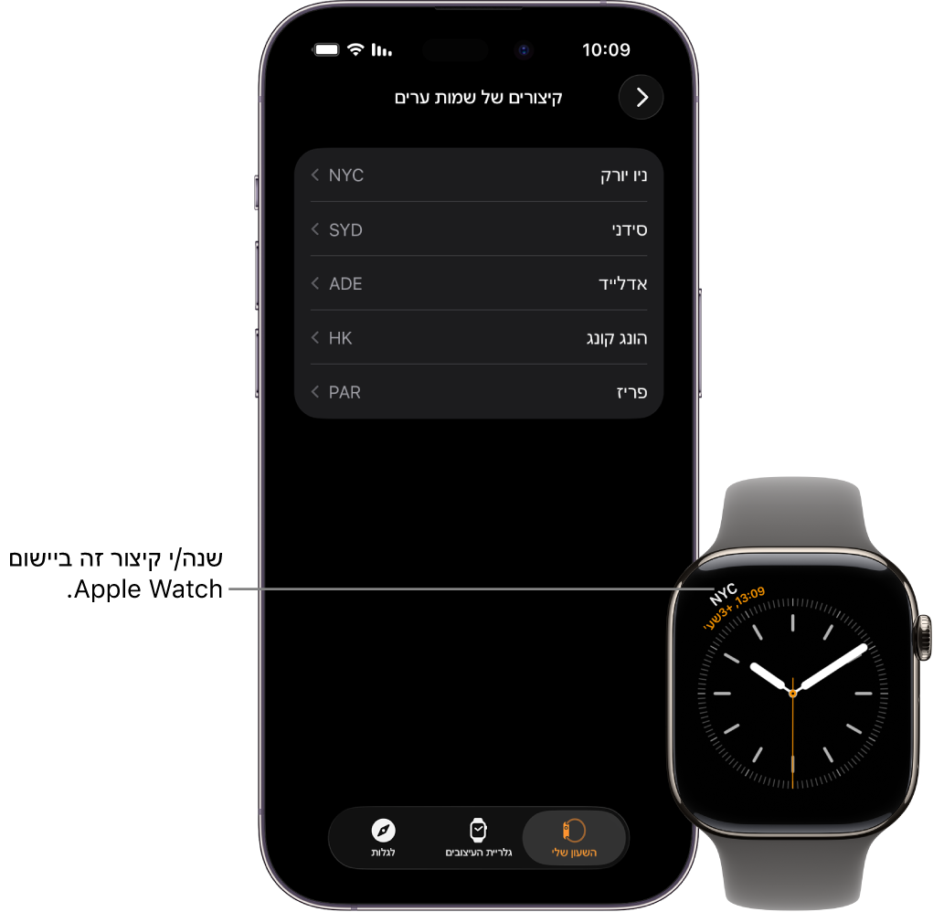iPhone ו‑Apple Watch, זה לצד זה. מסך של Apple Watch עם תצוגת השעה בעיר ניו יורק, שמופיעה תחת הקיצור NYC. מסך ה‑iPhone מציג את רשימת הערים בהגדרות ״שעון״ ביישום Apple Watch.