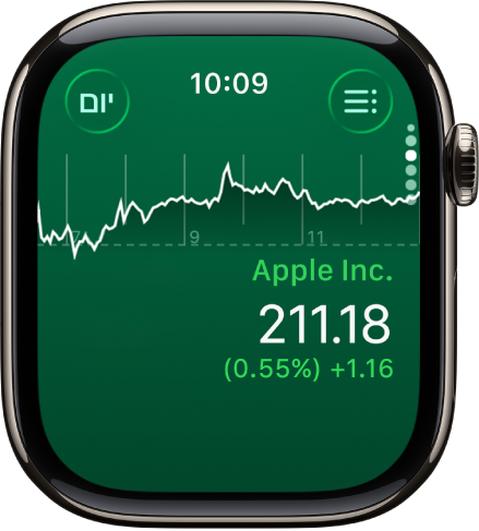 מידע על מניה ביישום ״מניות״. גרף הגדול המציג את התקדמות המניה לאורך חודש מופיע במרכז המסך.