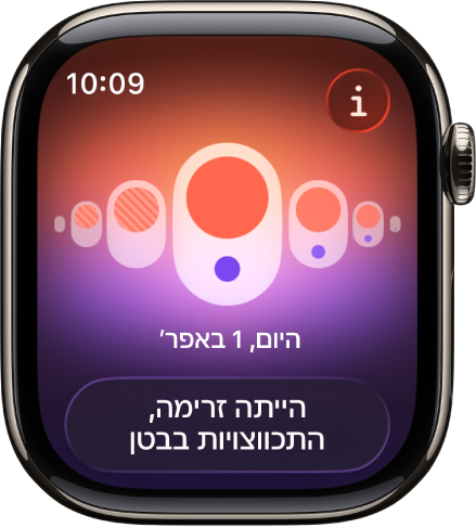 מסך של היישום ״מעקב אחר המחזור״ שמראה רישום של מחזור עם רשימה של תסמינים בתחתית המסך.