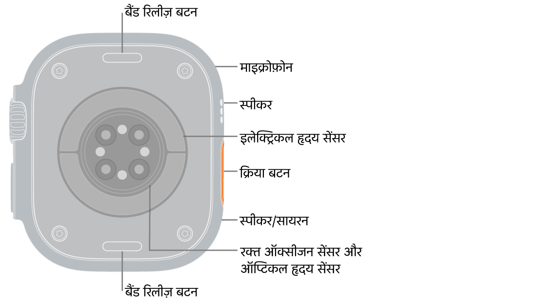 Apple Watch Ultra 3 का पीछे का हिस्सा, जिसके शीर्ष पर और सबसे नीचे बैंड रिलीज़ बटन हैं। साइड पर माइक्रोफ़ोन, स्पीकर, इलेक्ट्रिक हृदय सेंसर, क्रिया बटन, स्पीकर पोर्ट जिससे साइरन बजता है, रक्त ऑक्सीजन सेंसर और ऑप्टिकल हृदय सेंसर हैं।