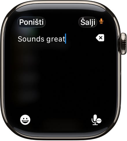 Zaslon polja za unos teksta s porukom koja je izrađena diktiranjem. Tipke za Emoji i Diktat nalaze se na dnu zaslona.
