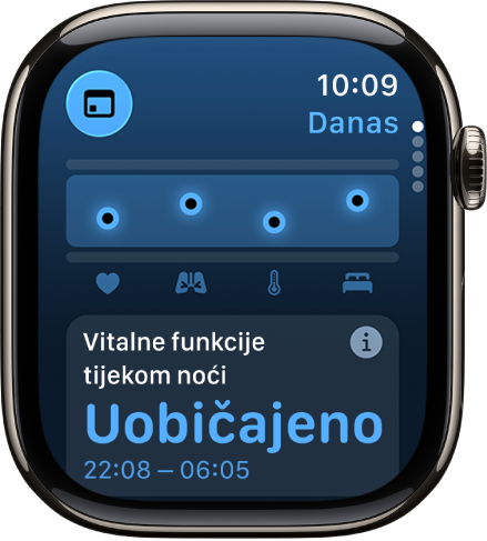 Zaslon u aplikaciji Vitalne funkcije prikazuje zdravstvena mjerenja tijekom noći.