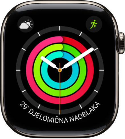 Brojčanik sata Aktivnost, analogna prikazuje vrijeme kao i napredak prema ciljevima kretanja, vježbanja i stajanja. Postoje i tri dodatka: Vrijeme se nalazi gore lijevo, Trening gore desno, a Vremenski uvjeti na dnu.