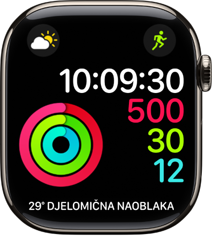 Brojčanik sata Aktivnost, digitalna prikazuje vrijeme kao i napredak prema ciljevima kretanja, vježbanja i stajanja. Postoje i tri dodatka: Vrijeme se nalazi gore lijevo, Trening gore desno, a dodatak Vremenski uvjeti na dnu.