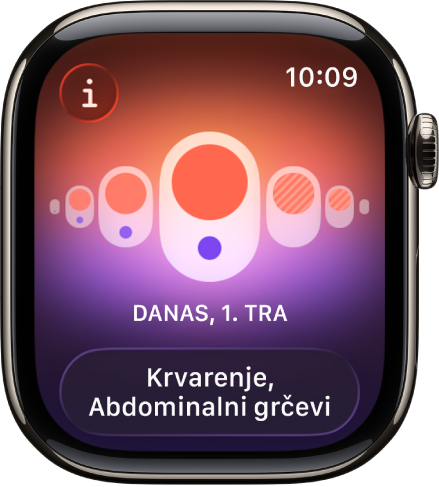 Na zaslonu aplikacije Praćenje ciklusa prikazuje se zabilježeno razdoblje sa zabilježenim simptomima na dnu zaslona.