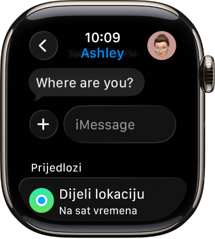Apple Watch s prikazanim razgovorom u aplikaciji Poruke. Prijedlog za dijeljenje lokacije nalazi se pri dnu zaslona.
