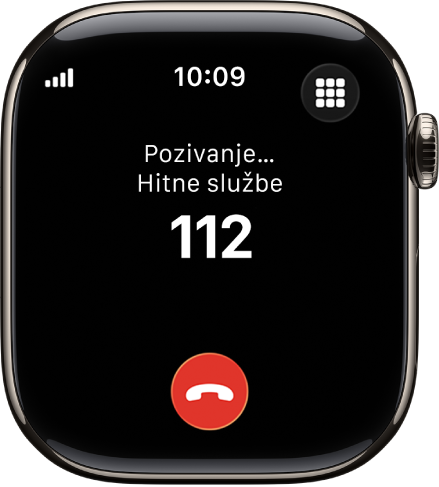 Zaslon prikazuje aktivni poziv hitnim službama.
