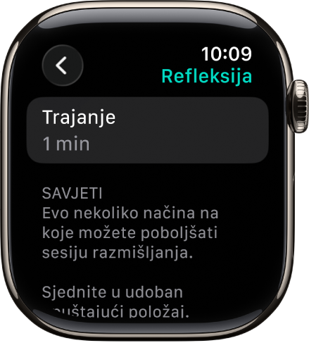 Zaslon aplikacije Svjesnost s prikazom trajanja od 1 minute pri vrhu. Ispod se nalaze savjeti za poboljšanje sesije refleksije.