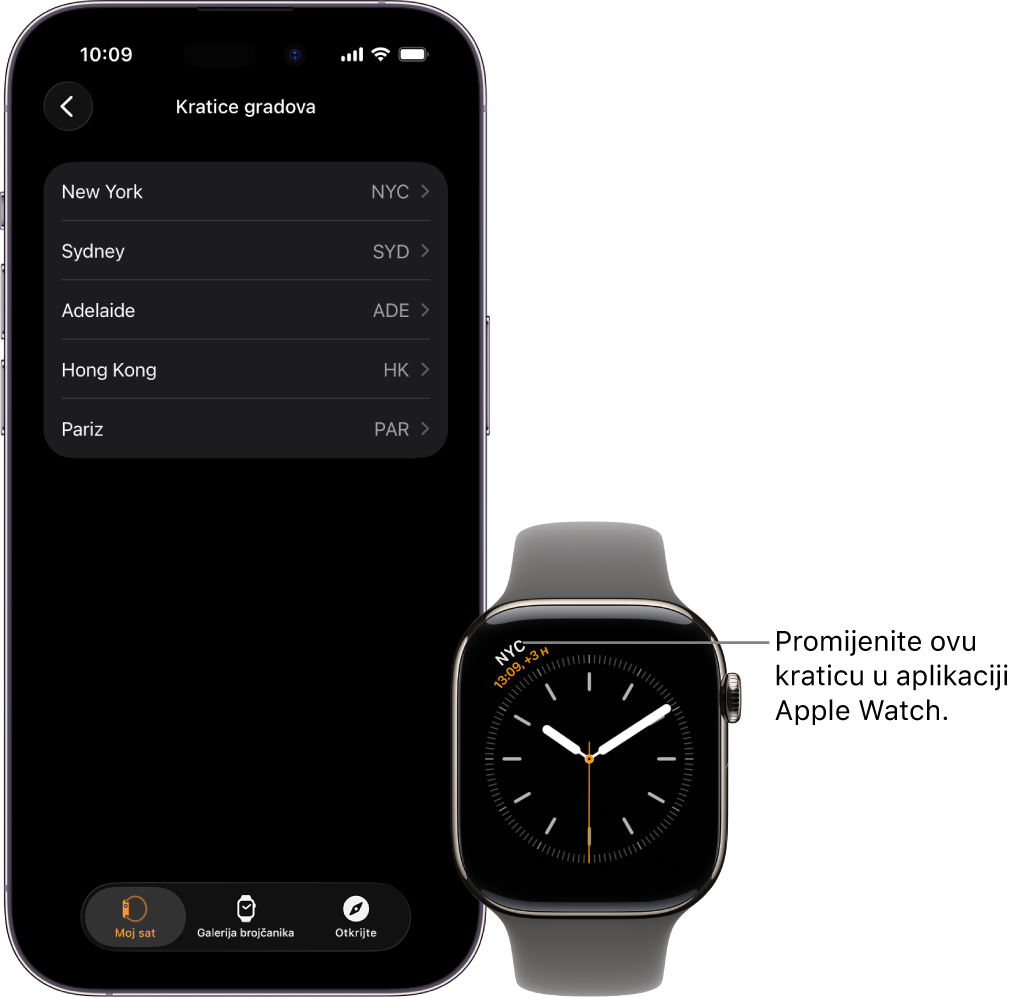 iPhone i Apple Watch, jedan do drugog. Zaslon Apple Watcha prikazuje vrijeme u New York Cityju, koristeći kraticu NYC. Zaslon iPhonea prikazuje popis gradova u postavkama sata u aplikaciji Apple Watch.