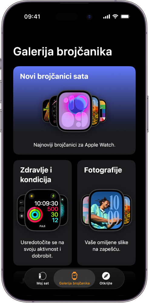 Otvorena galerija brojčanika u aplikaciji Apple Watch. U gornjem redu prikazani su novi brojčanici, a u sljedećim redovima prikazani su brojčanici grupirani prema vrsti – Zdravlje i Fitness te Fotografije. Možete listati za prikazivanje drugih brojčanika grupiranih prema vrsti.