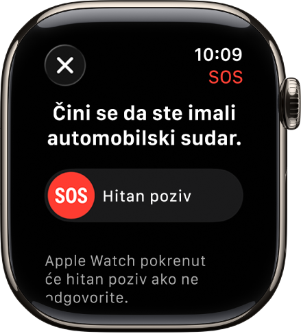 Zaslon Detekcija sudara prikazuje SOS kliznik za pokretanje hitnog poziva.