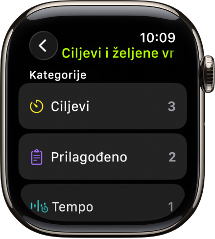 Aplikacija Trening s prikazom izrađenih ciljeva, Prilagođenih treninga i treninga.