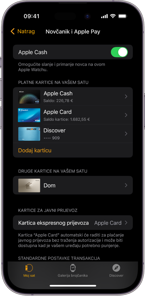 Na Zaslonu iPhonea prikazuju se postavke Novčanik i Apple Pay u aplikaciji Apple Watch.
