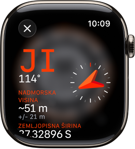 Prikazuje se zaslon Informacije u aplikaciji Kompas. Smjer se prikazuje u središtu lijevo sa smjerom kompasa (jugoistok) i stupnjevima (114 stupnjeva). Ispod su prikazani trenutačni nagib i nadmorska visina. Indikator kompasa nalazi se s desne strane. Tipka za zatvaranje nalazi se u gornjem lijevom kutu.