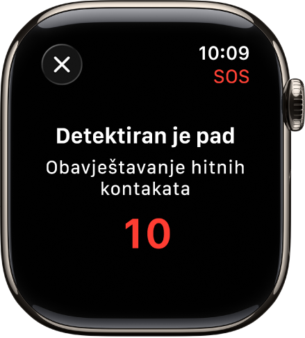 Zaslon prikazuje “Detektiran pad” i odbrojavanje do obavještavanja hitnih kontakata.