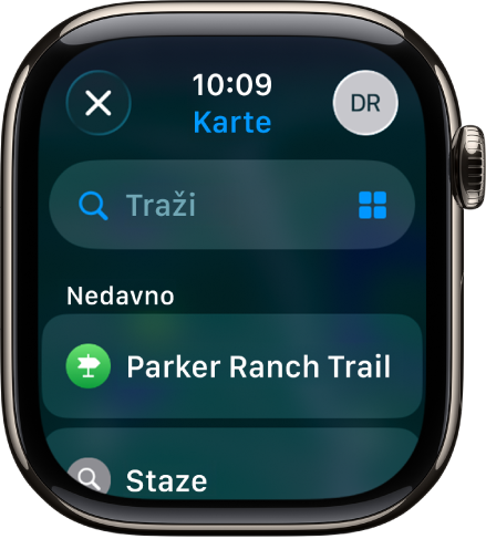 Zaslon Traži u aplikacijama Karte, s poljem za pretraživanje pri vrhu. Popis nedavnih pretraživanja prikazuje se pri dnu.