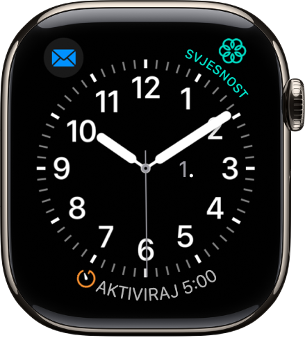 Detaljni brojčanik sata, gdje možete podesiti boju kazaljke koja označava sekunde i podesiti brojeve i detalje brojčanika. Prikazana su tri dodatka: Glazba se nalazi gore lijevo, Svjesnost gore desno, a Trening na dnu.