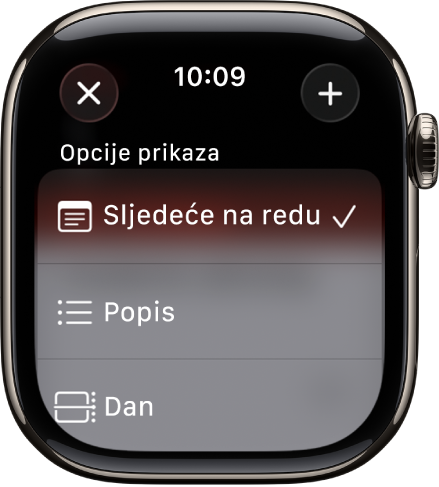 Na zaslonu Kalendara prikazuju se opcije prikaza – Sljedeće na redu, Popis i Dan. Tipka Dodaj nalazi se u gornjem desnom kutu.