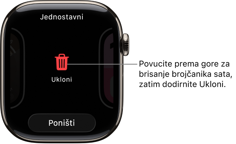 Zaslon aplikacije Apple Watch koji prikazuje tipke Ukloni i Poništi, koji se pojavljuje nakon što povučete na brojčanik sata, zatim povucite prema gore na njega kako biste ga obrisali.