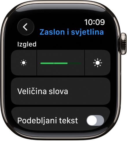 Postavke Zaslona i svjetline na Apple Watchu s kliznikom Svjetlina pri vrhu, a ispod se nalazi tipka Uvijek uključeno.