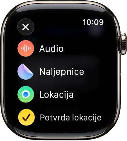 Zaslon aplikacije Poruke prikazuje opcije privitka, kao što su zvuk, naljepnice, lokacija i slike.