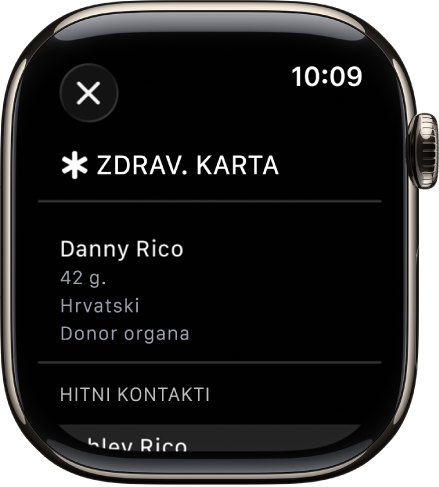 Zaslon Zdravstvena karta prikazuje ime osobe, dob, jezik, status donora organa i hitne kontakte.