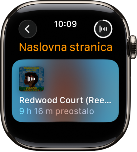 Zaslon aplikacije Audio knjige s prikazom trenutačno reproducirane knjige te naslovom i preostalim vremenom. Tipka Izvodi se nalazi se u gornjem desnom kutu.