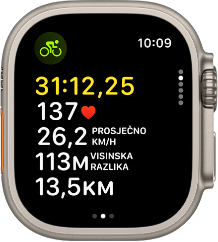 Trening bicikliranja koji je u tijeku prikazuje proteklo vrijeme treninga, puls, prosječnu brzinu, visinsku promjenu i ukupnu udaljenost.