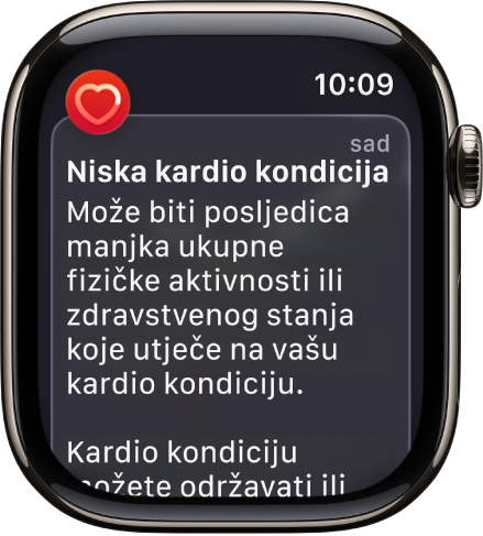 Obavijest za puls, prikazuje nisku kardio kondiciju.