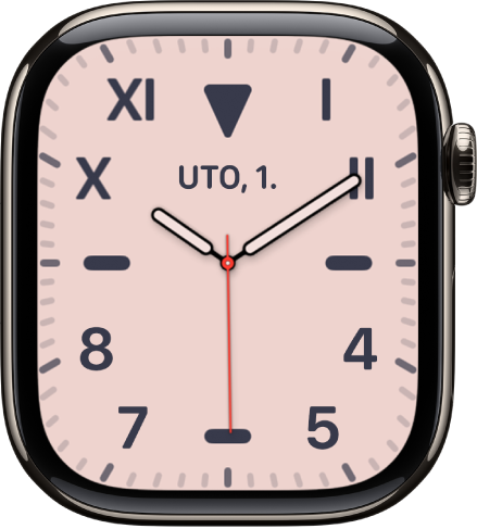 Brojčanik Kalifornija s kombinacijom rimskih i arapskih brojeva. Prikazuje datum i komplikaciju Mjesečeva mijena