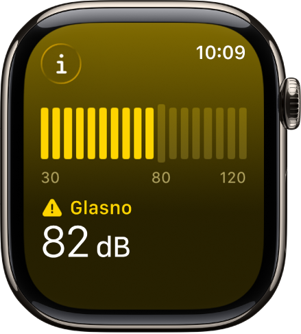 U aplikaciji Buka prikazuje se mjerač zvuka i razina zvuka od 89 decibela te riječ “Glasno” iznad.