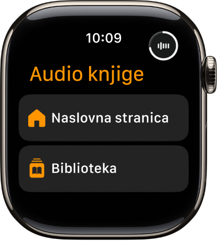 U aplikaciji Audio knjige prikazuju se tipke Naslovna stranica i Medijateka.