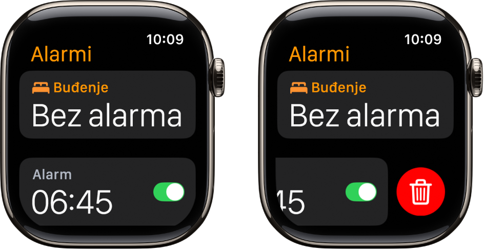Dva zaslona sata koji pokazuju postupak brisanja alarma.