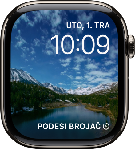 Brojčanik sata Ubrzana snimka pokazuje video ubrzane snimke pejzaža. Na dnu se nalazi dodatak Smjer kompasa.