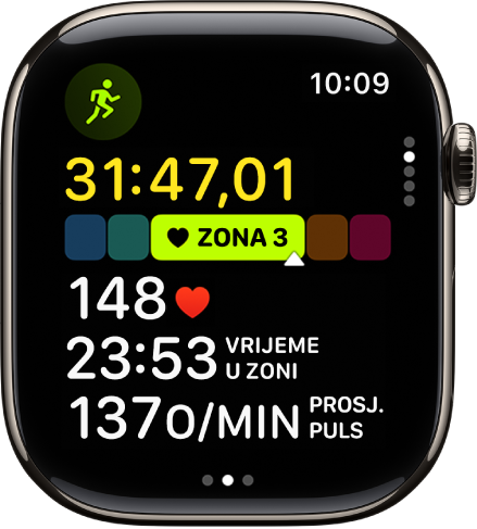 Trening trčanja u tijeku prikazuje proteklo vrijeme treninga, zonu u kojoj ste trenutačno, vrijeme u zoni i prosječni puls.