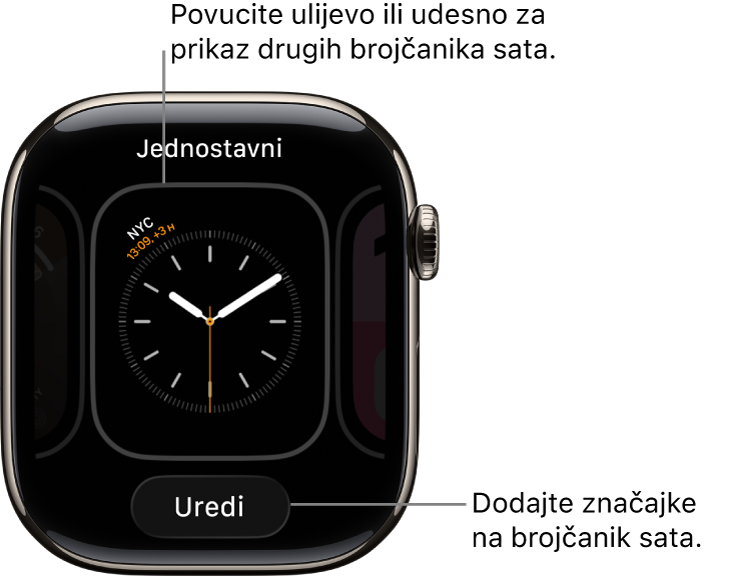 Brojčanik sata s prikazom opcije Uredi, koji se pojavljuje nakon što dodirnete i zadržite brojčanik sata. Naziv brojčanika sata nalazi se pri vrhu. Povucite ulijevo ili udesno za prikaz ostalih opcija brojčanika sata.