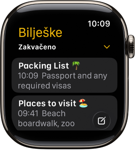 Zaslon Bilješke pokazuje dvije zakvačene bilješke.