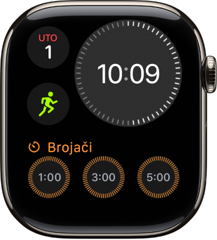 Modularni kompaktni brojčanik s digitalnim satom blizu vrha desno, danom i datumom gore lijevo, i dva dodatka: Trening u sredini lijevo, a Stanje uma na dnu.