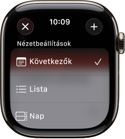 A Naptár képernyője a Nézetbeállításokkal – Következők, Lista és Napi. A Hozzáadás gomb a jobb felső részen látható.