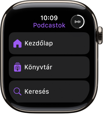 A Podcastok app a Kezdőlap, a Könyvtár és a Keresés gombokkal.