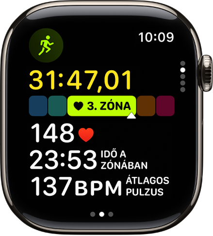 Egy folyamatban lévő futásedzés az edzés közben eltelt idővel, az aktuális időzónájával, a pulzusszámával, a zónában töltött idővel és az átlagos pulzsusszámával.