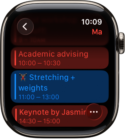 A Naptár képernyője az adott nap eseményeinek listájával. Az események színe megegyezik azon naptár színével, amelyikhez tartoznak.