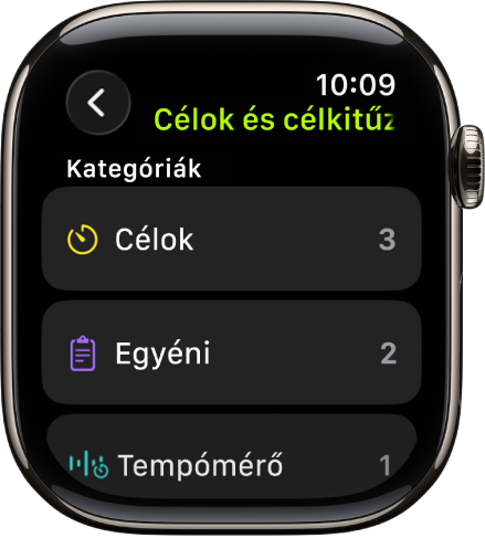 Az Edzés app a létrehozott célokkal, az egyéni edzésekkel és a tempómérő edzéssel.
